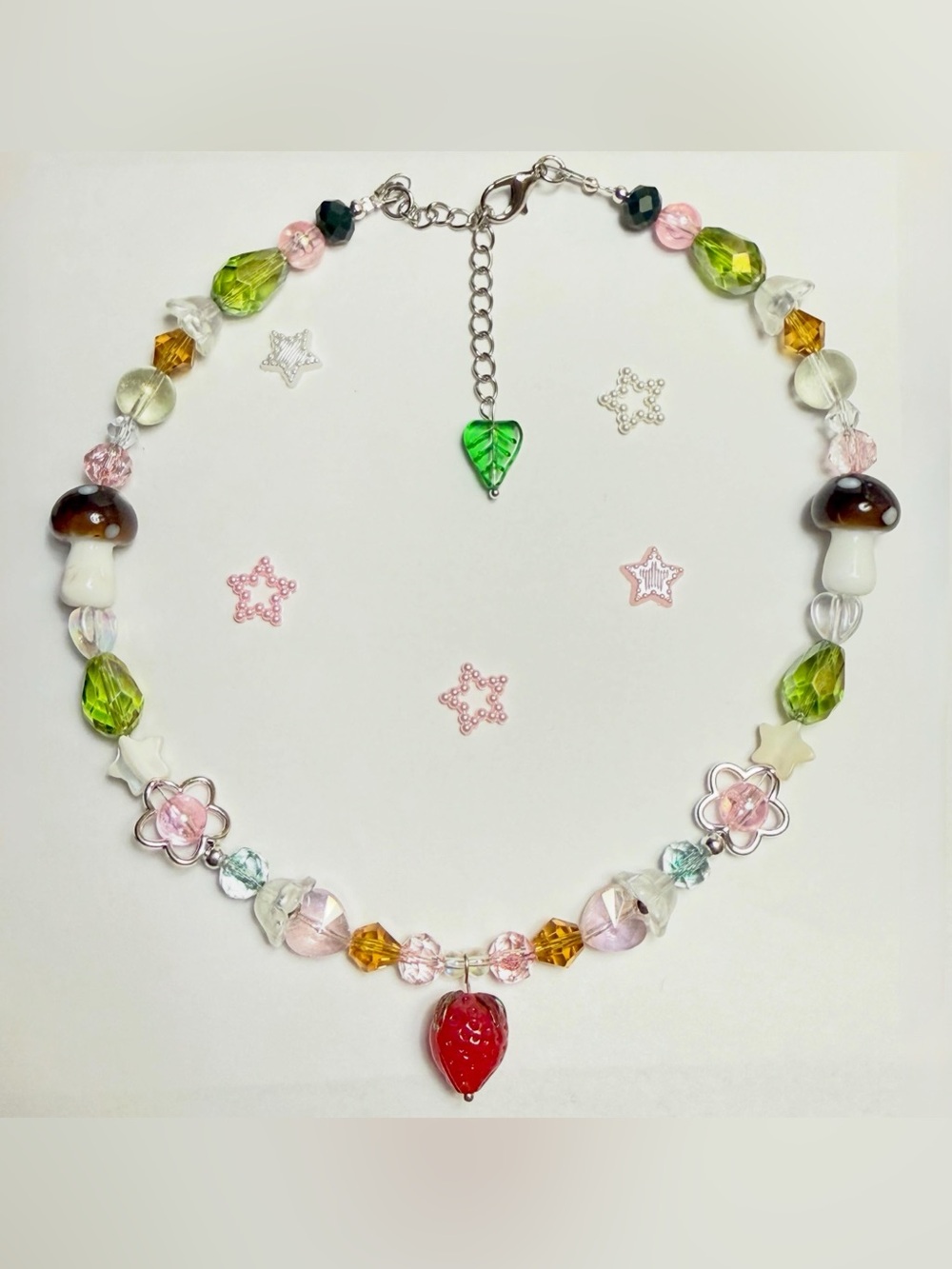 Strawberry Necklace - Pink, Green, Red, handmade,